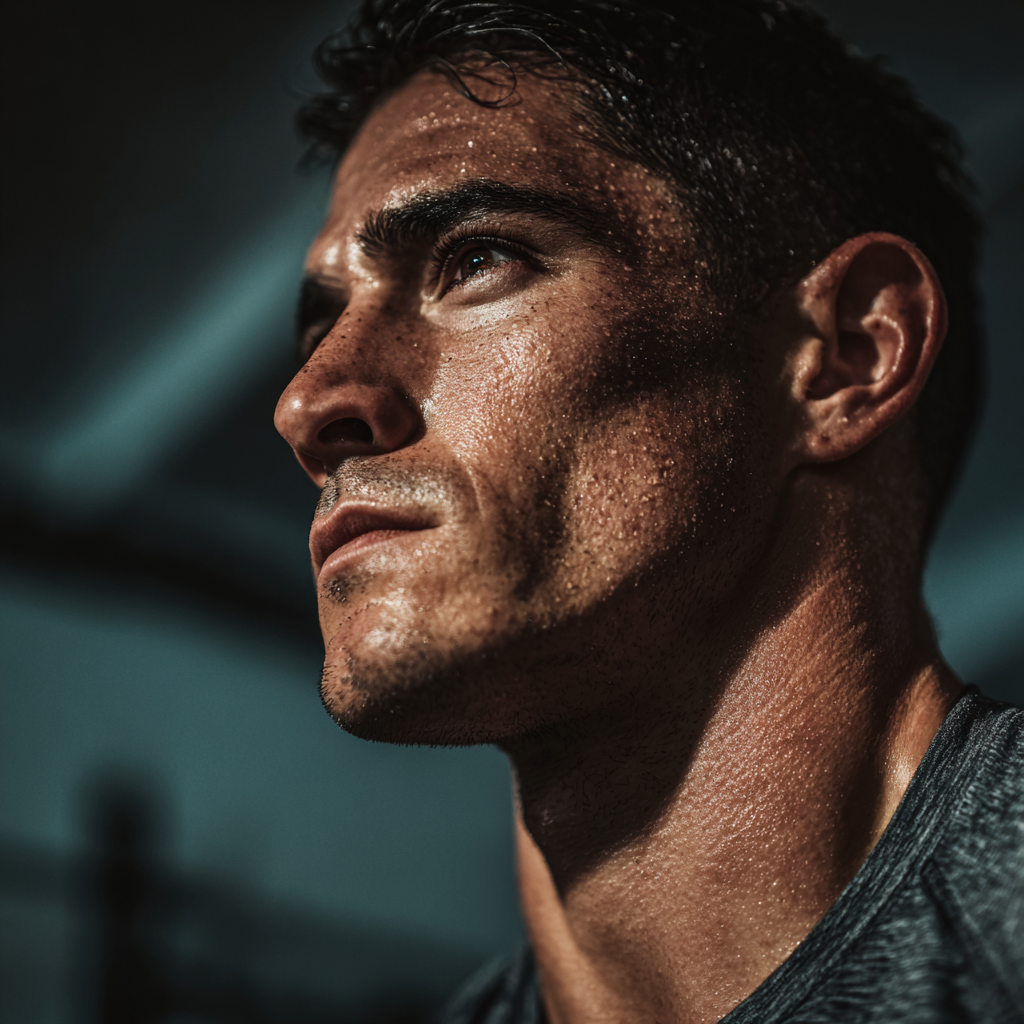 athletic man in gym doing workout with determination, focused expression, professional sports photography