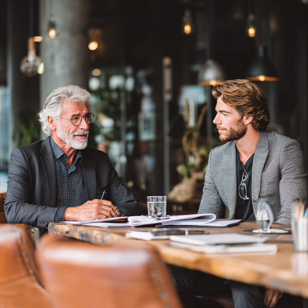 successful businessman mentor coaching young entrepreneur, office setting, professional interaction